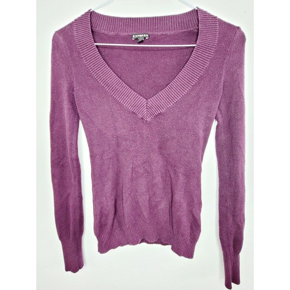 Express Long Sleeved Top Purple VNeck Small Gathered Hem & Sleeves S - Picture 1 of 3